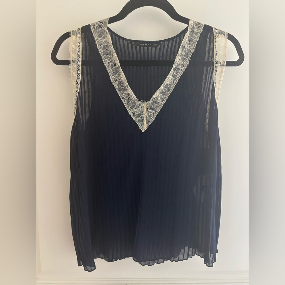 Zara Navy Sheer Sleeveless Camisole with Cream Lace V-Neck